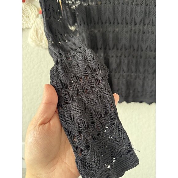 Minnie Rose Black Pointelle Open Knit Sheer Long Sleeve Top Whimsygoth Beach M - Picture 4 of 9